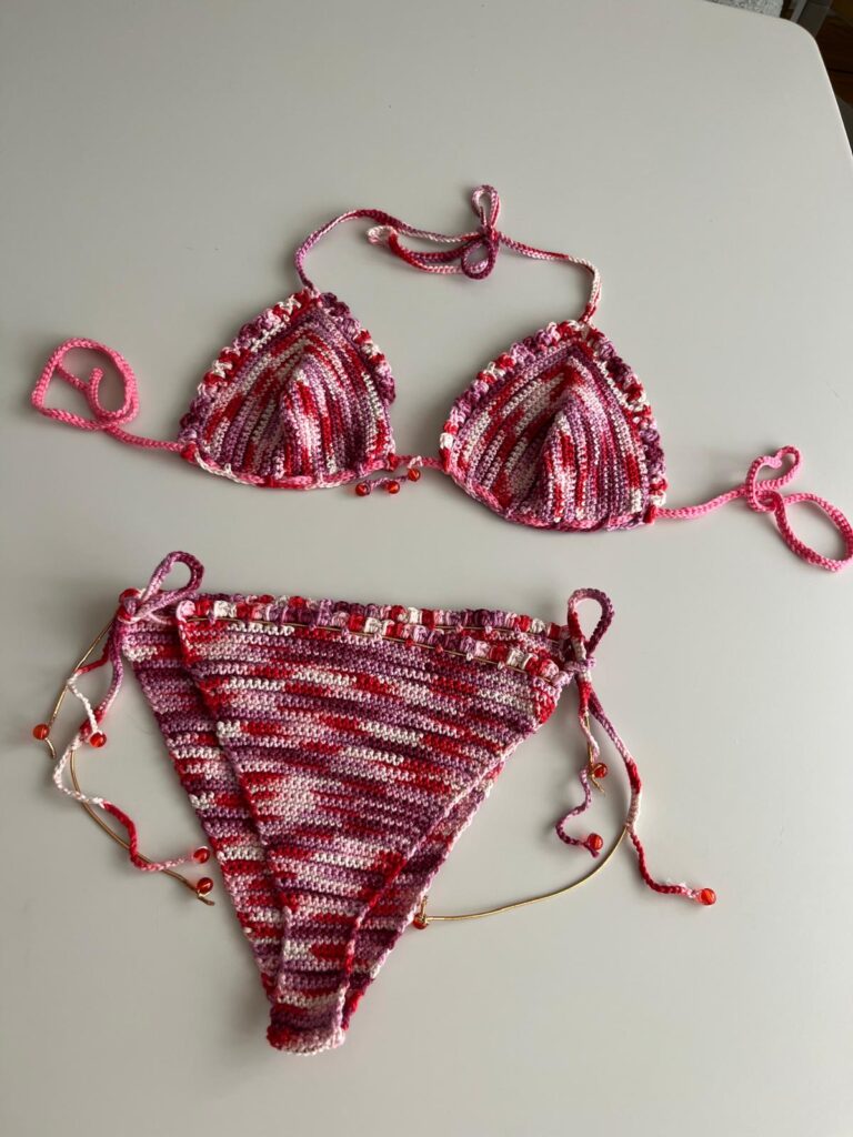 bikini crochet femme Cherry Blossom rose rouge et blanc fait main